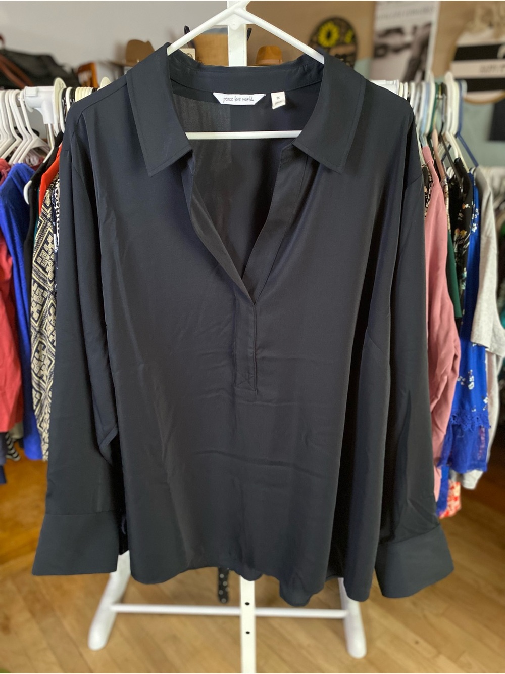 Peace Love World Black V-Neck Collared Long Sleeve Blouse